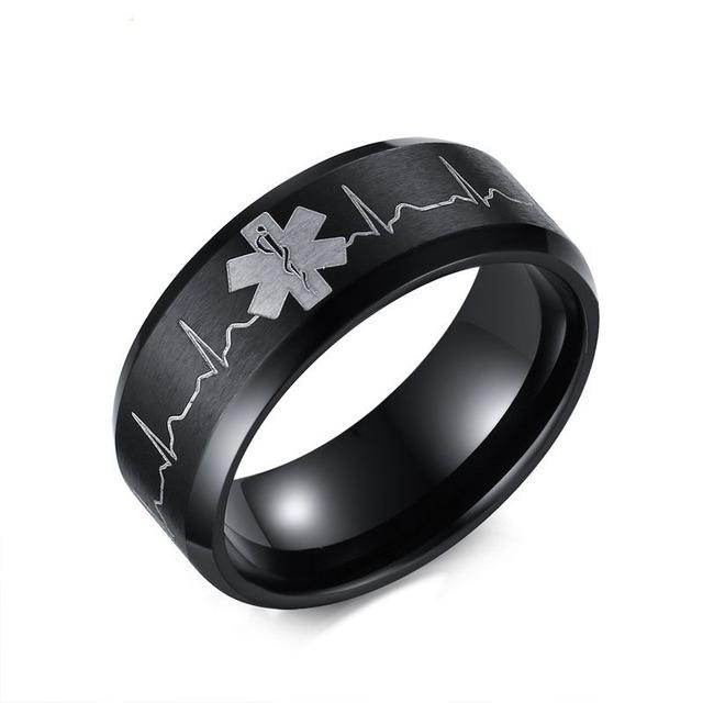 Men/Women Stainless Steel Comfort Fit Ring Laser Engraved Heartbeat Medical Symbol Black Wedding Band