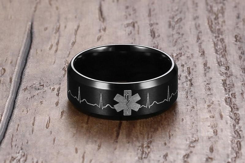 Men/Women Stainless Steel Comfort Fit Ring Laser Engraved Heartbeat Medical Symbol Black Wedding Band